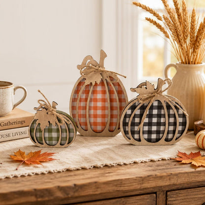 3 Pcs Pumpkin Signs, Buffalo Plaid Fall Table, Mantel Home Decor | 4.7"X9.1" Wooden Black White Checkered Pumpkin, Autumn Thanksgiving Decorations Indoor, Tabletop, Tiered Tray, Shelf, Kitchen9