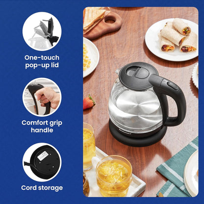 EKT1001 1.0L Glass Kettle, 1100W, Cordless Base, Black | Bpa-Free Glass, Blue LED Interior, 360° Base, Auto Shut-Off Function, Quickly Boil Water for Tea & More6