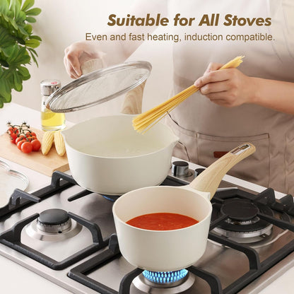 Ceramic Nonstick Sauce Pan with Lid, 1.5 Quart Small Saucepan, White Cooking Pot with Stay Cool Handle, Non Toxic Kitchen Sauce Pot, Non Stick Saucier Pan, Induction Pot, PFOA PTFE PFAS Free4