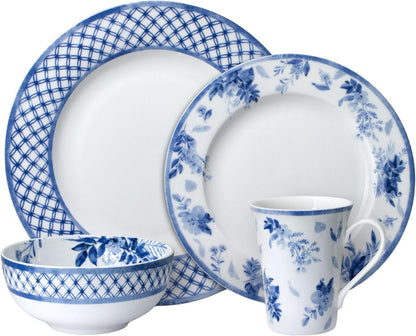 Kiley Bone China Lightweight Chip Resistant 16 Piece Dinnerware Set, Service for 4,Blue and White2