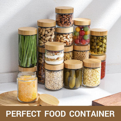 4-Pack 16Oz Glass Jars with Airtight Lids, Overnight Oats Containers with Bamboo Lids, Wide Mouth Mason Salad Jars, Glass Food Storage Containers for Snacks Yogurt Spice Sugar6