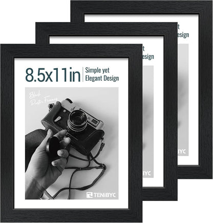 8.5 by 11 Picture Frame 3 Pack, Black Wood, Real Glass, for Photo1