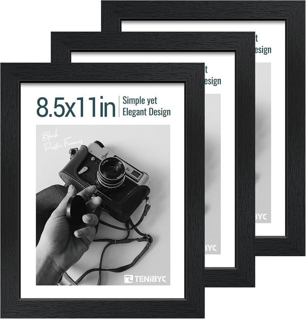 8.5 by 11 Picture Frame 3 Pack, Black Wood, Real Glass, for Photo1