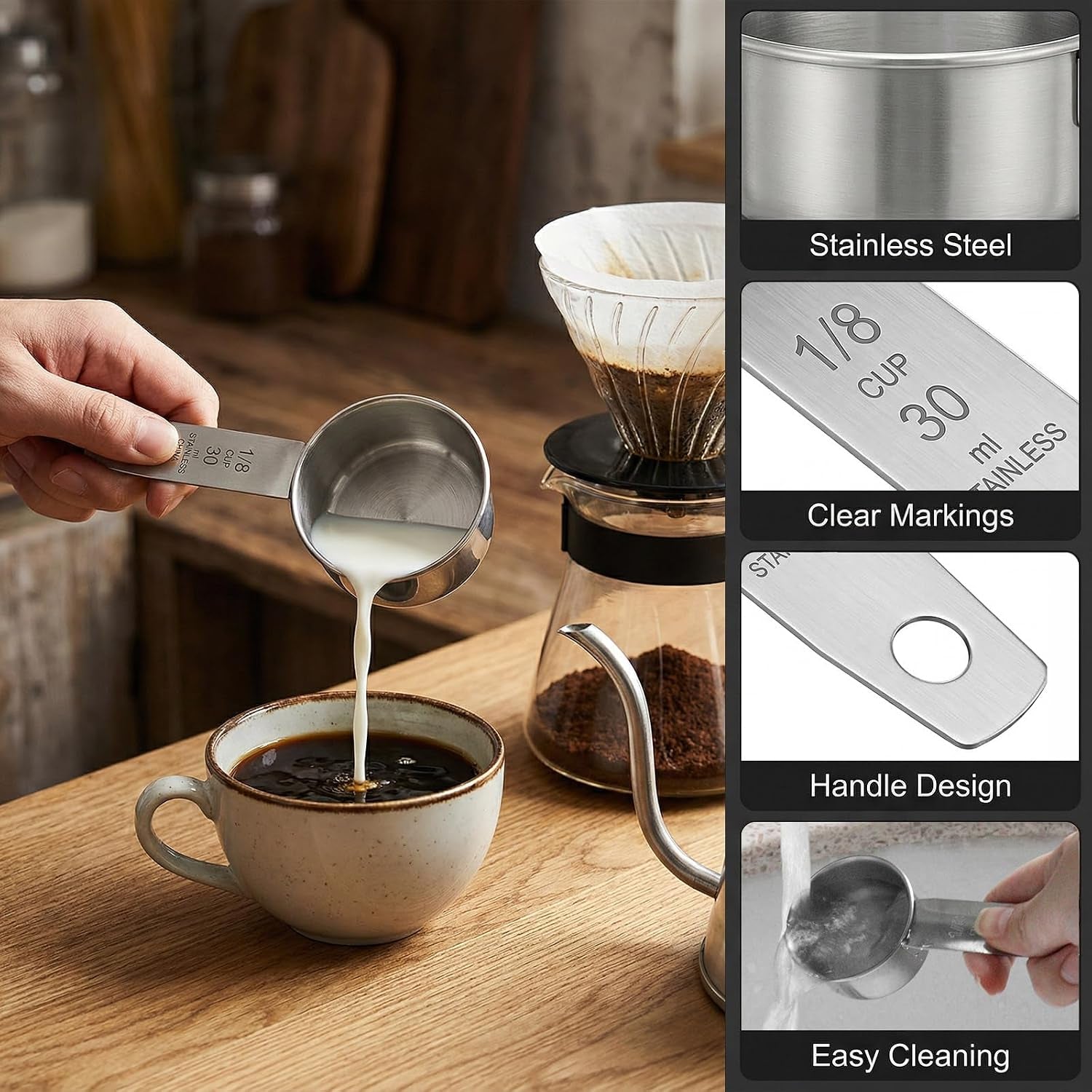 1-8-cup-stainless-steel-measuring-cup-30-ml-cooking-measure-scoop-1-oz-measure-cup-tablespoon-with-handle-for-dry-and-wet-food-metal-coffee-scoop-for-cooking-drinking-baking