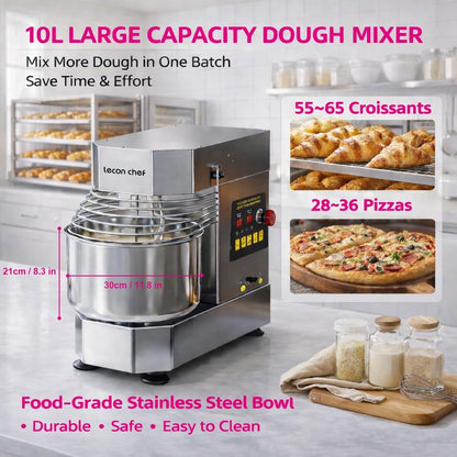 Commercial Spiral Dough Mixer, 10.5Qt 750W Electric | Dual Rotating Dough Kneading Machine, Timer & Safety Shield, Stainless Steel Bowl for Bakery Pizzeria4
