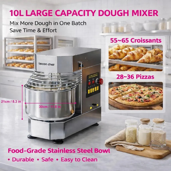 Commercial Spiral Dough Mixer, 10.5Qt 750W Electric | Dual Rotating Dough Kneading Machine, Timer & Safety Shield, Stainless Steel Bowl for Bakery Pizzeria4