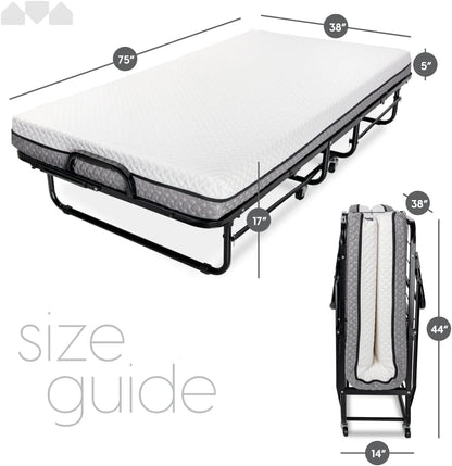 Deluxe Diplomat Folding Bed with Mattress for Adults, Twin Size, Portable Foldable Bed with Luxurious Memory Foam Mattress & Super Strong Frame, 75” X 38", Fold Up, Roll Away, & Hideaway3