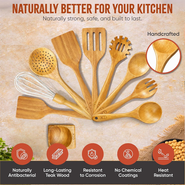 Wooden Utensil Set 10 Pcs + Hooks - Natural Teak Wood Cooking Spoons - Heat & Scratch Resistant Cooking Utensils with Spoon Rest & Hanging Hooks6