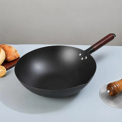 13.5" Pre-Seasoned Carbon Steel Wok Pan – Heavy Duty Flat Bottom Stir Fry Wok for Induction, Gas & Electric Stoves (5 Quart, Wood Handle)4