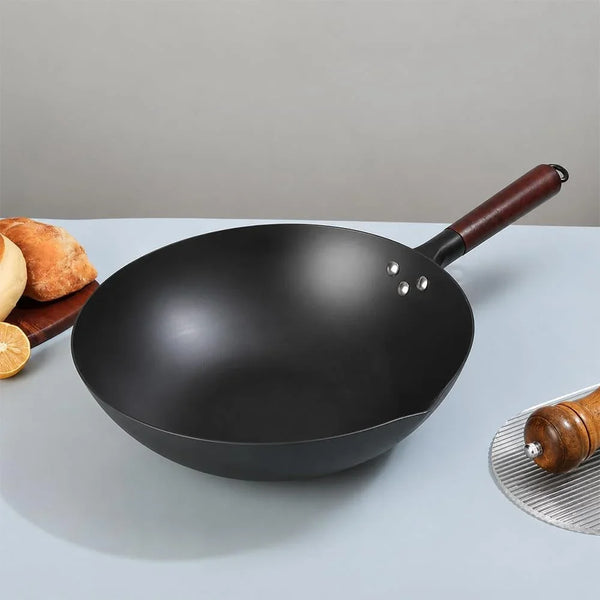 13.5" Pre-Seasoned Carbon Steel Wok Pan – Heavy Duty Flat Bottom Stir Fry Wok for Induction, Gas & Electric Stoves (5 Quart, Wood Handle)4