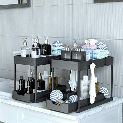 under Sink Organizer 2 Pack, Bathroom Cabinet Organizer, 2 Tier Sliding Cabinet Basket Organizer Drawer, Multi-Purpose Bath Collection Baskets for Bathroom (Black)3