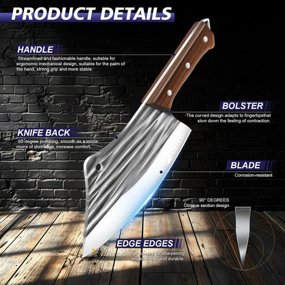 Butcher Knife Set, Sharp Kitchen Knife Set with Roll Bag Gift for Men | Hand Forged 14PCS Butcher Chef Knife Set with Bone Chopping Knives & Meat Cleaver Knife & Fillet Knives for Home, Camping BBQ3