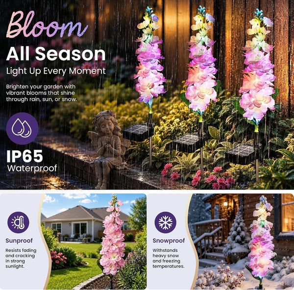 Solar Delphinium Lights, 3Pack Pink Flowers Solar Garden Decor4