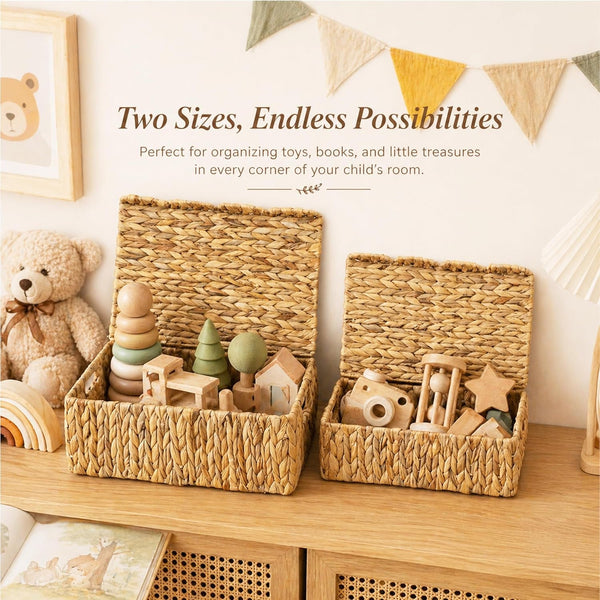 Set of 3 Scalloped Edge Wicker Basket with Lid, Rectangle Wicker Storage Basket with Built-In Handles, Multipurpose Organizer Rattan Display Boxes for Shelf, Nursery Room4