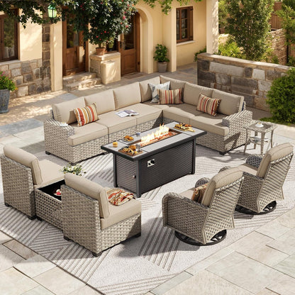 Outdoor Sectional Patio Furniture Set with Fire Pit Table,13 Pieces Wicker Conversation Sets L Shaped Couch,Extra Deep Out Door Sofa outside Furniture with Swivel Rocking Chair,Beige1