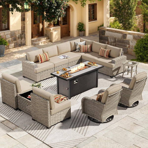 Outdoor Sectional Patio Furniture Set with Fire Pit Table,13 Pieces Wicker Conversation Sets L Shaped Couch,Extra Deep Out Door Sofa outside Furniture with Swivel Rocking Chair,Beige1