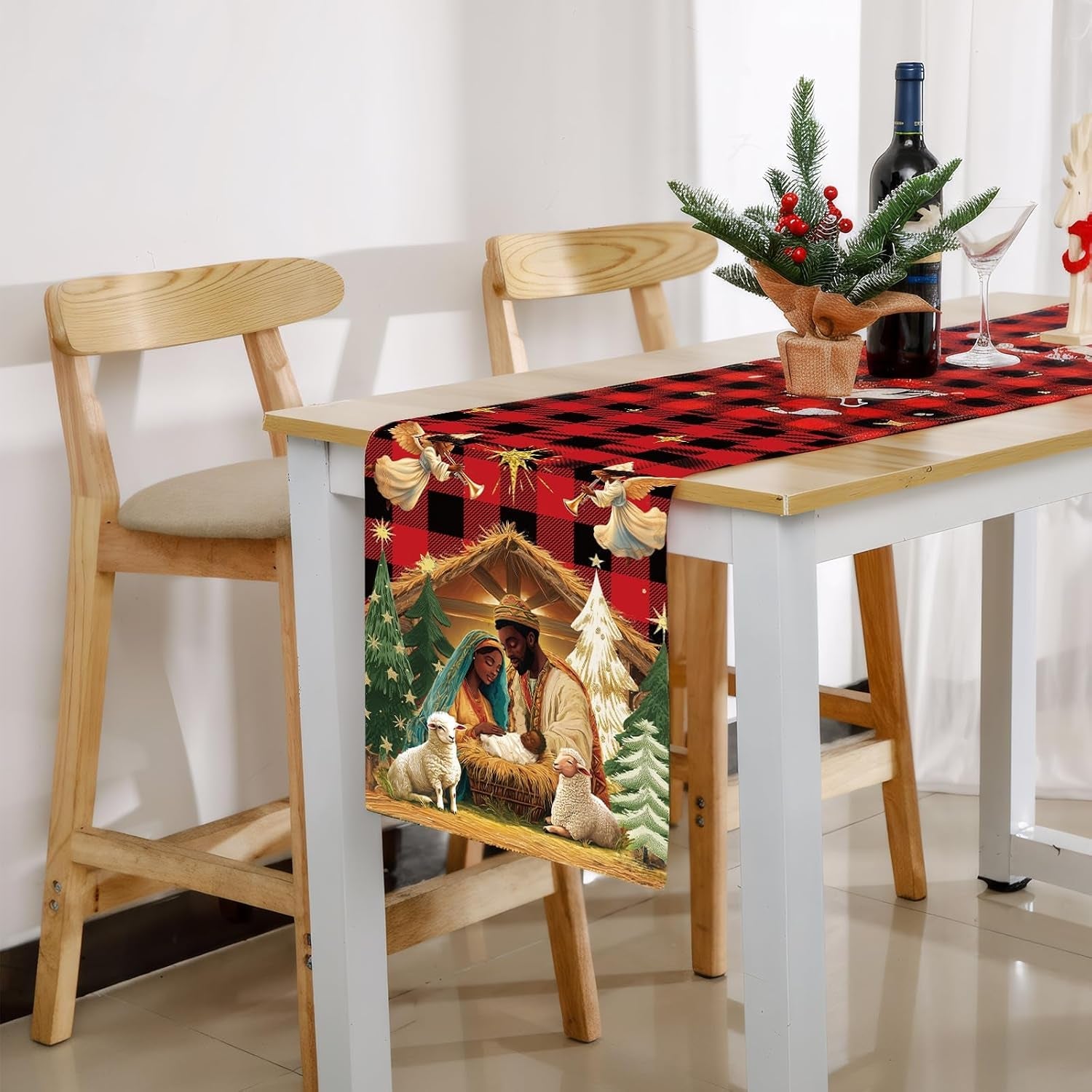 african-american-religious-christmas-table-runner-buffalo-plaid-black-jesus-nativity-scene-table-runner-for-home-decoration-xmas-winter-holiday-kitchen-decor-13-x-72