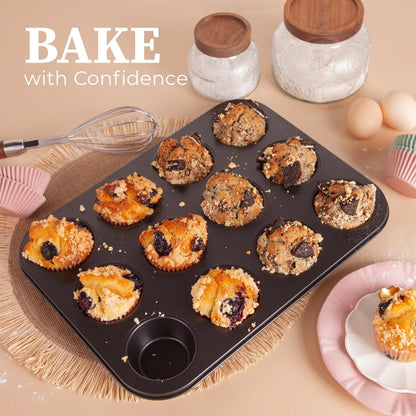 2-Pack 12-Cup Muffin Pan Set, Carbon Steel Nonstick Cupcake Tin | Includes 200 Liners, Durable Carbon Steel, Nonstick Release, for Cupcakes, Muffins, Egg Bites, Brownies, Oven Safe 450°F2