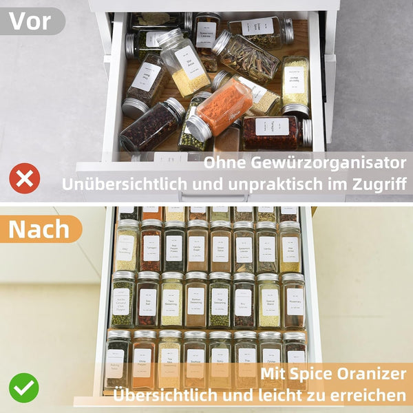 Spice Drawer Organzier,4 Tiers- 8Pcs Bamboo Spice Rack Tray Insert for Cabinet Drawer Countertop, Kitchen Seasoning Storage Drawer Organization,22" Wide X 15.8" Deep （Hold up to 48 Jars4