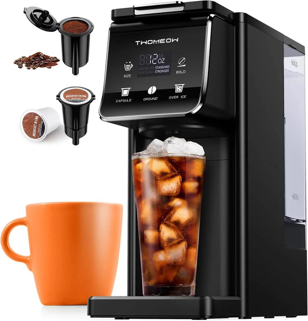 Coffee Maker Hot & Iced with Bold Setting,Single Serve Coffee Maker for K Cup and Grounds,52 Oz Removable Water Tank,6-14 Oz Brew Sizes,One Cup Kcup Coffee Machine with Reusable Filter,(Black)1