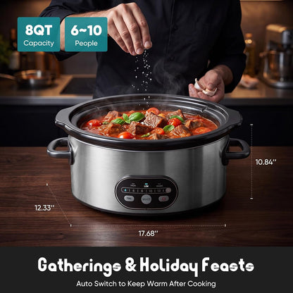 Slow Cooker 8 Quart, Ceramic Nonstick Coating, Programmable Slow Cooker with Dishwasher Stoneware Pot and Tempered Glass Lid, Multi Cookers with 3 Temperature, 35In Tangle Free Cord, Silver2