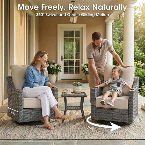 6 Piece Patio Furniture Set, Grey Wicker Outdoor Conversation Set with 4 Swivel Rocker Chairs and 2 Side Tables, 6-Inch Thick Cushions, Beige Olefin Covers for Patio, Porch, Deck3