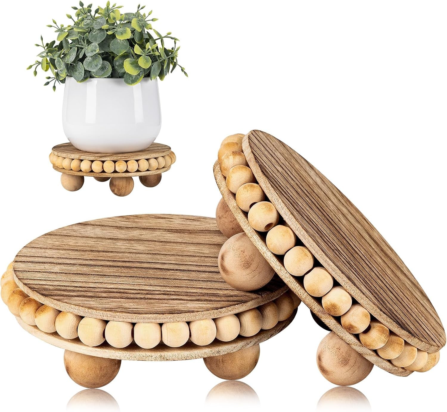 round-wood-risers-for-display-2p-beaded-riser-distressed-decor-stable-wood-coaster-rustic-farmhouse-pedestal-display-riser-for-cake-plant-stand-tiered-ball-decoration-raised-high-holder