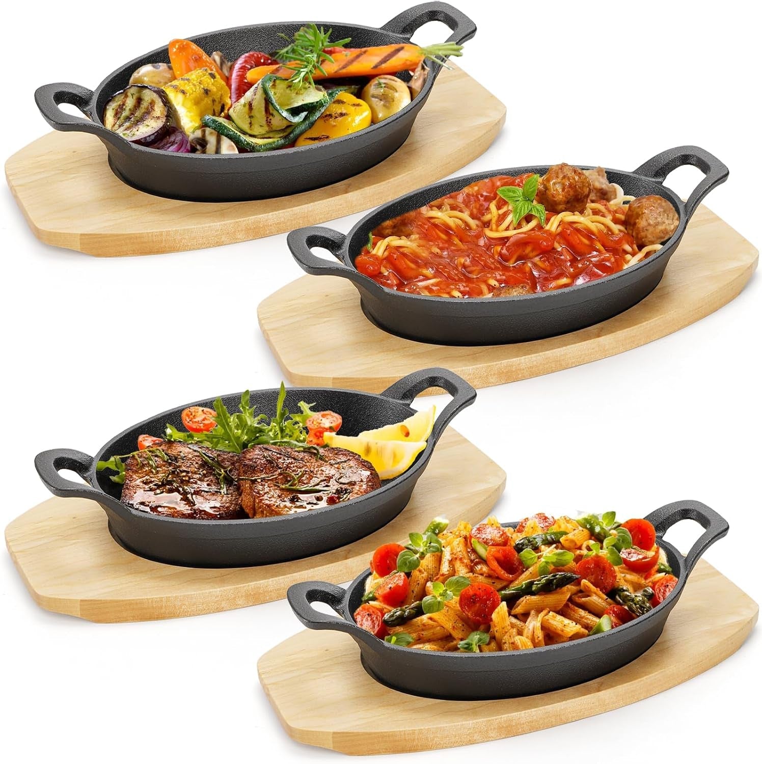 4-pack-mini-cast-iron-fajita-skillet-set-8-5-x-6-1-inch-sizzling-plate-with-wooden-base-small-oval-casserole-dishes-cast-iron-pizza-baking-steak-pan-for-stove-oven-grill
