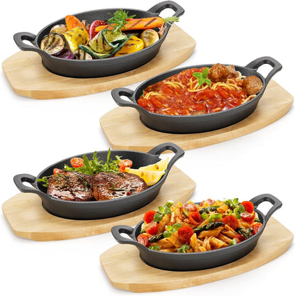 4 Pack Mini Cast Iron Fajita Skillet Set, 8.5 X 6.1 Inch Sizzling Plate with Wooden Base, Small Oval Casserole Dishes, Cast Iron Pizza Baking Steak Pan for Stove, Oven, Grill1