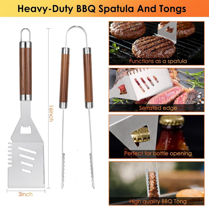 BBQ Grilling Accessories Set, 34Pcs Heavy Duty Grill Tools, Brown | for Outdoor Camping, Grilling Gifts for Fathers Day, Men Dad, Stainless Steel Barbecue Utensils Kit, Includes Mats and Glove+2