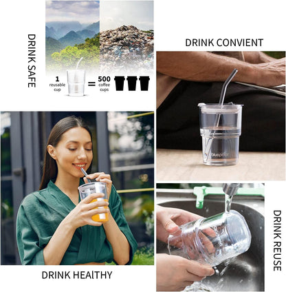 13Oz/400Ml Iced Coffee Cups with Lids and Straw，Sealed Carry on Thick Wall Glass Matcha Tumbler for Juice，Water, Late,Tea Fits Car Cup Holders for Office，Gym(Aurora White7