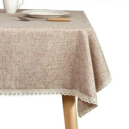 Linen Rustic Burlap Washable Tablecloth,Solid Heavy Weight Tan 55 X 70 Rectangle Overlay Lace Edge Table Cover for Kitchen Dinning Decoration1