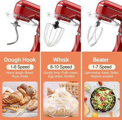3-IN-1 Electric Stand Mixer, 6.5QT Bowl 660W 10-Speed Kitchen Mixer, Household Food Mixers Include Dough Hook, Beater and Whisk, Bread Cake Mixer for Baking and Most Home Cooks, Red3