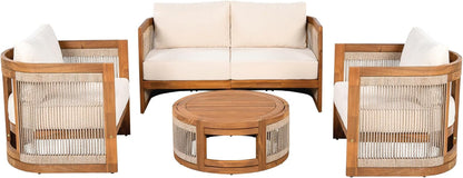 4-Piece Patio Conversation Set, All Weather Sectional Sofa Set W/ 2 Chairs, Loveseat & Table Premium, Acacia Wood Outdoor Furniture Set with Woven Rope Accents and Cushions (Teak+Beige)3