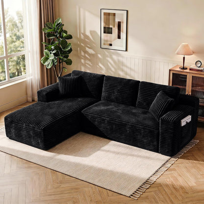 97" L-Shape Sectional Couches, 3 Seater Sectional Sofas for Living Room Bedroom, Plush Corduroy Cloud Boneless Couch Sofa (Black, Left Facing Chiase, 97 Inch)1