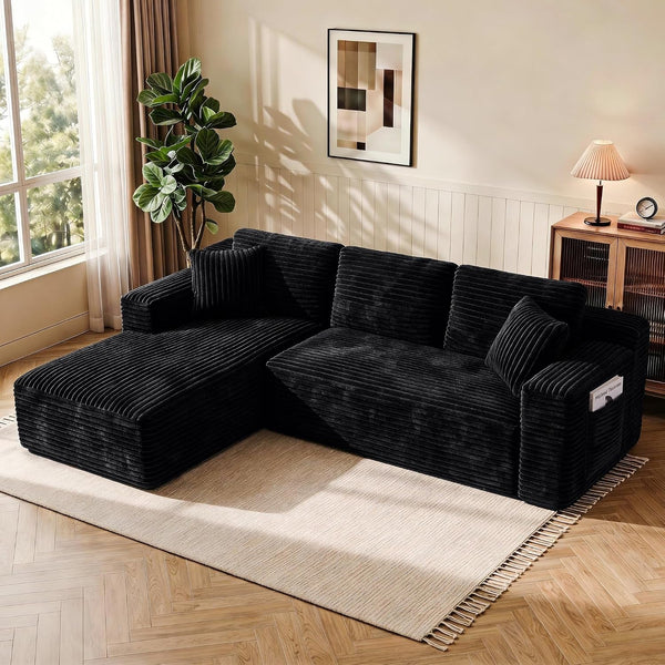 97" L-Shape Sectional Couches, 3 Seater Sectional Sofas for Living Room Bedroom, Plush Corduroy Cloud Boneless Couch Sofa (Black, Left Facing Chiase, 97 Inch)1