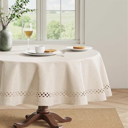 Beige 60 Inch round Linen Tablecloth with Decorative Cutouts | Waterproof Stain Resistant & Shrink-Proof Table Cloth, Farmhouse Style, for Dining Wedding Kitchen Party Outdoor1