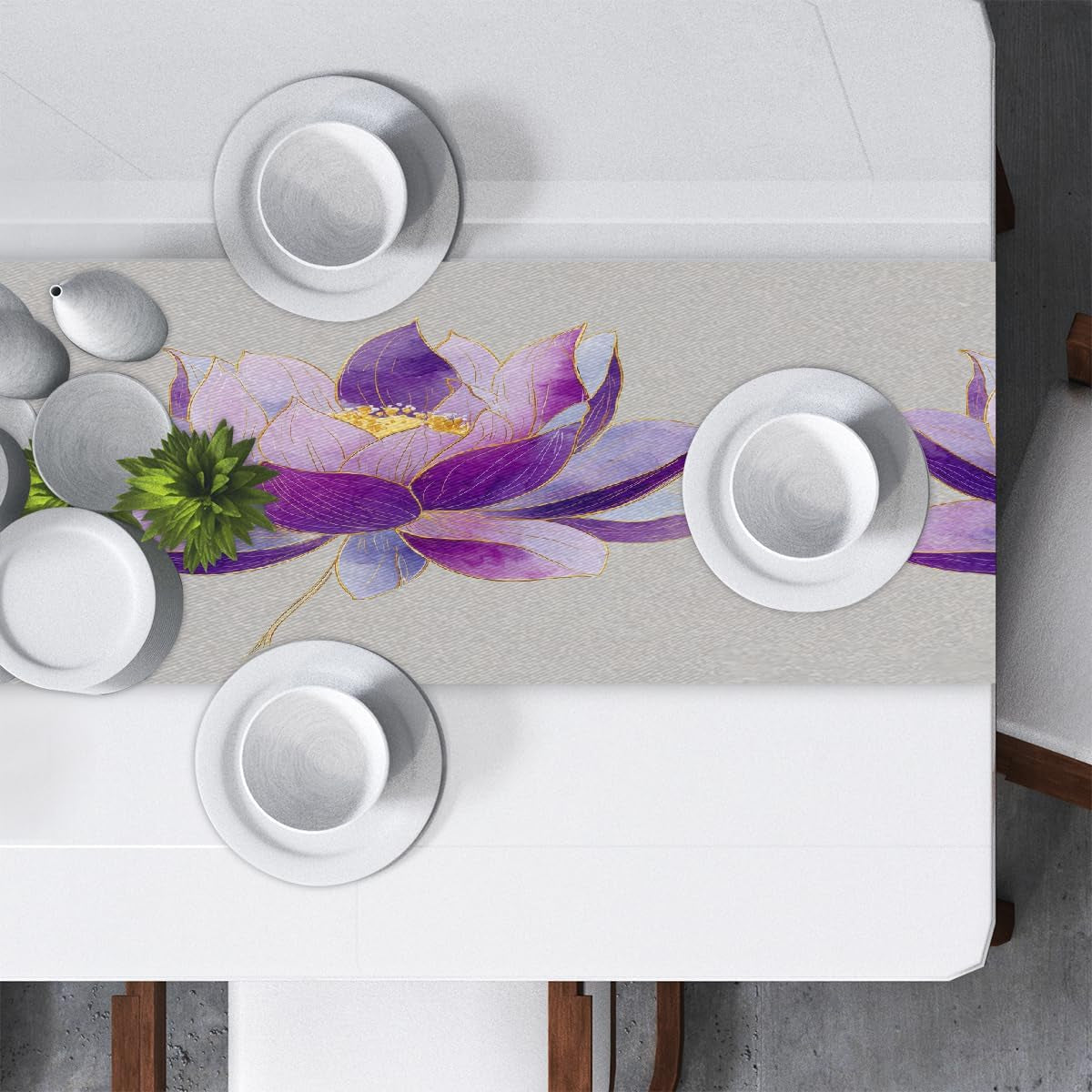 boho-purple-lotus-flower-gold-lines-table-runner-for-home-decor-13x70in