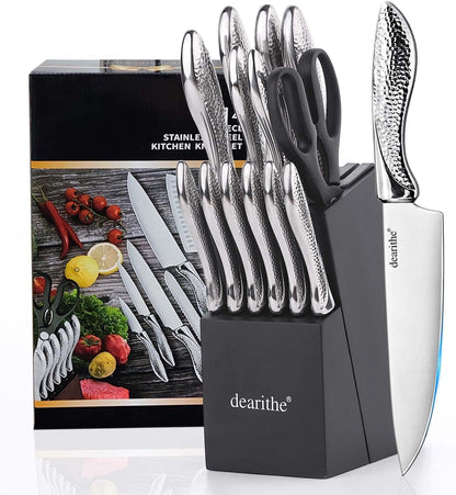 14 Piece Knife Block Set with Built-In Sharpener,Scissors | High Carbon Stainless Stee Kitchen Knife Set, Hammered Pattern Hollowed Handle Design1