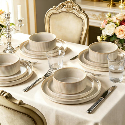 Stoneware Dinnerware Sets for 4, 12Pcs Ribbed Plates and Bowls Set, Beige2
