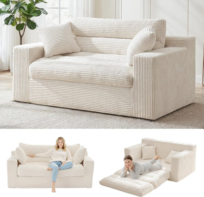 Convertible Sofa Bed, Pull Out Boneless Couch Loveseat Floor Sofa Bed with Pillows, 2-Seater Folding Sofa Loveseat Boneless Couch for Living Room, Bedroom, Apartment, Office (Beige)1