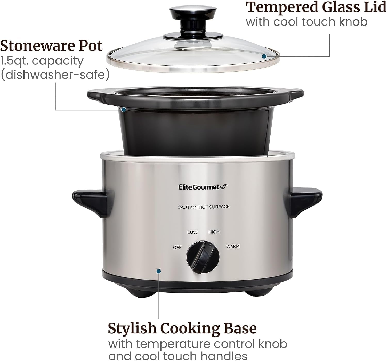 maxi-matic-mst-250xs-electric-ceramic-slow-cooker-1-5-qt-stainless-steel-adjustable-temp-dishwasher-safe-glass-lid-crock-great-for-entrees-sauces-stews-dips