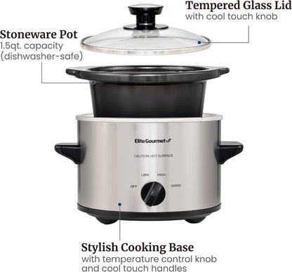 Maxi-Matic MST-250XS Electric Ceramic Slow Cooker, 1.5 Qt, Stainless Steel | Adjustable Temp, Dishwasher-Safe Glass Lid & Crock - Great for Entrees, Sauces, Stews & Dips5