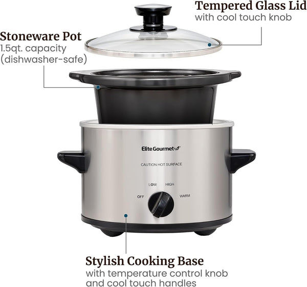 Maxi-Matic MST-250XS Electric Ceramic Slow Cooker, 1.5 Qt, Stainless Steel | Adjustable Temp, Dishwasher-Safe Glass Lid & Crock - Great for Entrees, Sauces, Stews & Dips5