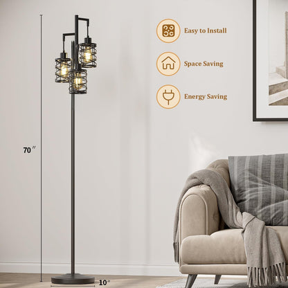70" Industrial Floor Lamp, Stepless Dimmable Standing Lamp with 3 Bulbs, Farmhouse Corner Standing Tree Lamp for Living Room, Tall Lamps for Bedroom, Office, Study Room, Dining Room, Black2