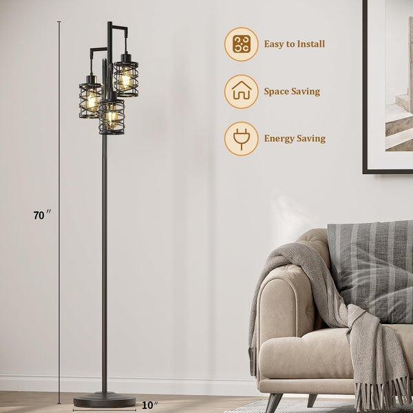 70" Industrial Floor Lamp, Stepless Dimmable Standing Lamp with 3 Bulbs, Farmhouse Corner Standing Tree Lamp for Living Room, Tall Lamps for Bedroom, Office, Study Room, Dining Room, Black2
