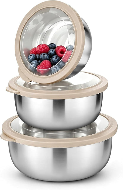 Mixing Bowls with Lids Set of 3, Khaki Stainless Steel Salad Bowl1