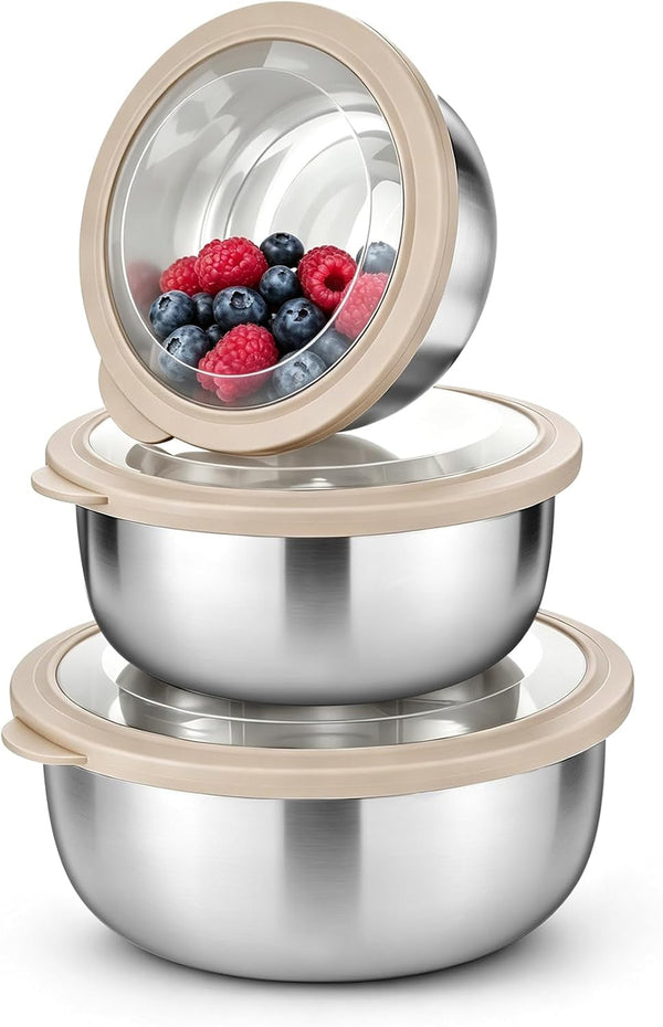 Mixing Bowls with Lids Set of 3, Khaki Stainless Steel Salad Bowl1