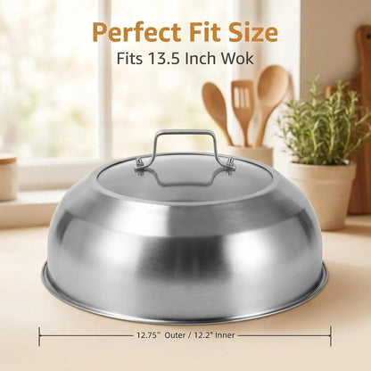 12.75 Inch (12.2 Inch Inner Diameter) Stainless Steel Basting Cover, for 13.5 Inch Wok, Melting Dome for Griddle Cooking, round Steaming Cover Lid with Tempered Glass Top and Steam Holes7