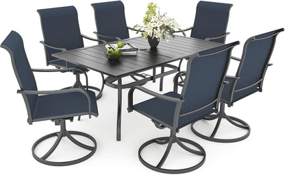 Patio Dining Set for 6, 63" Outdoor Table & 6 Blue Swivel Chairs2